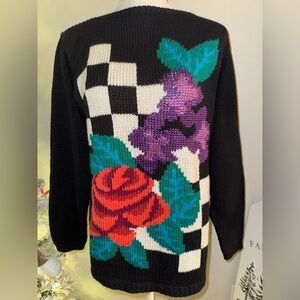 Jimmy Garcia hand loomed Floral Checkered Black Sweater. Size M